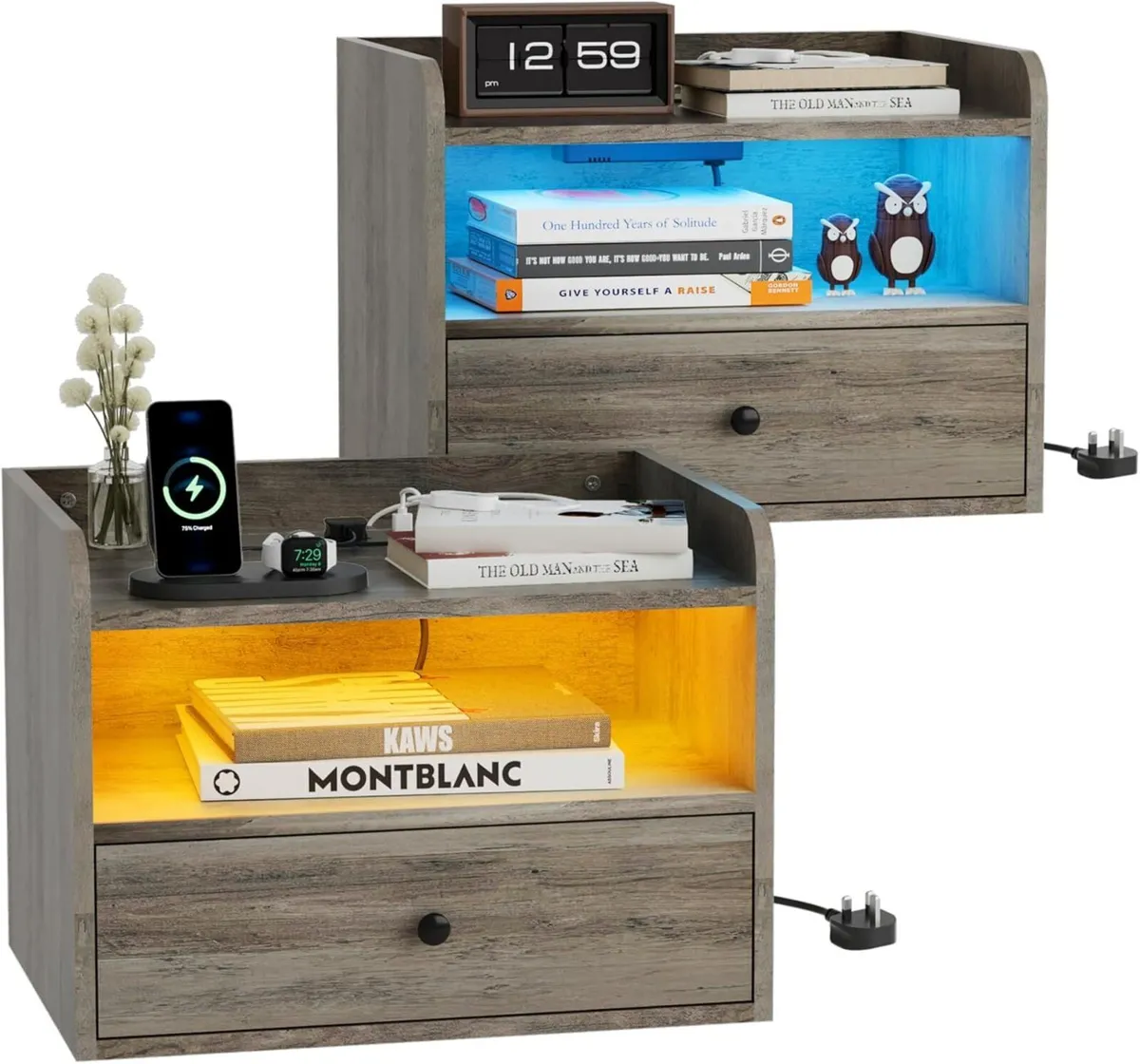 Bedside Table Set of 2 with LED and Charging - Image 1