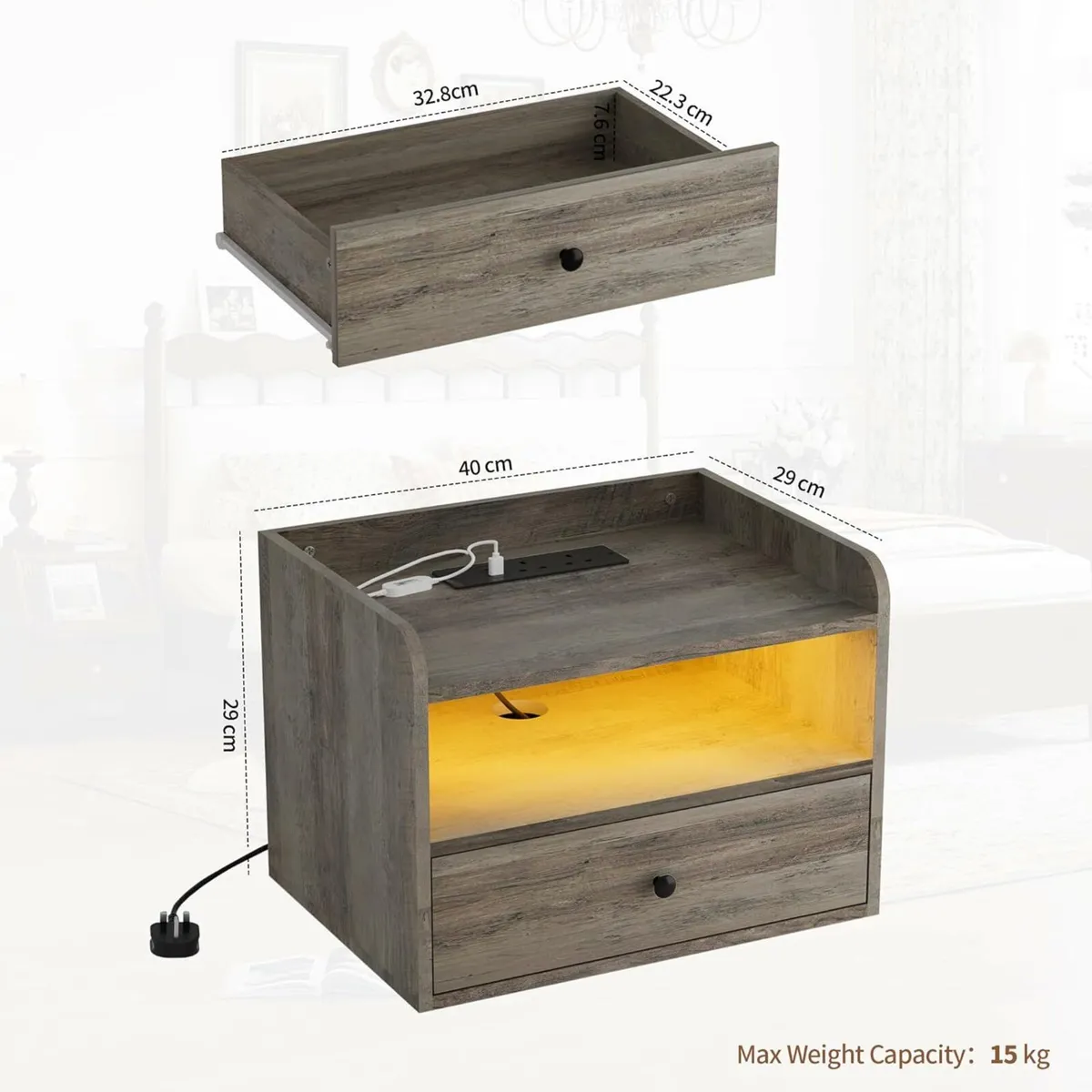 Bedside Table Set of 2 with LED and Charging - Image 3