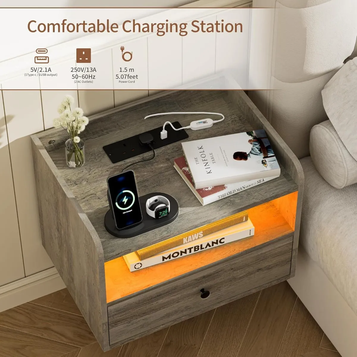 Bedside Table Set of 2 with LED and Charging - Image 4