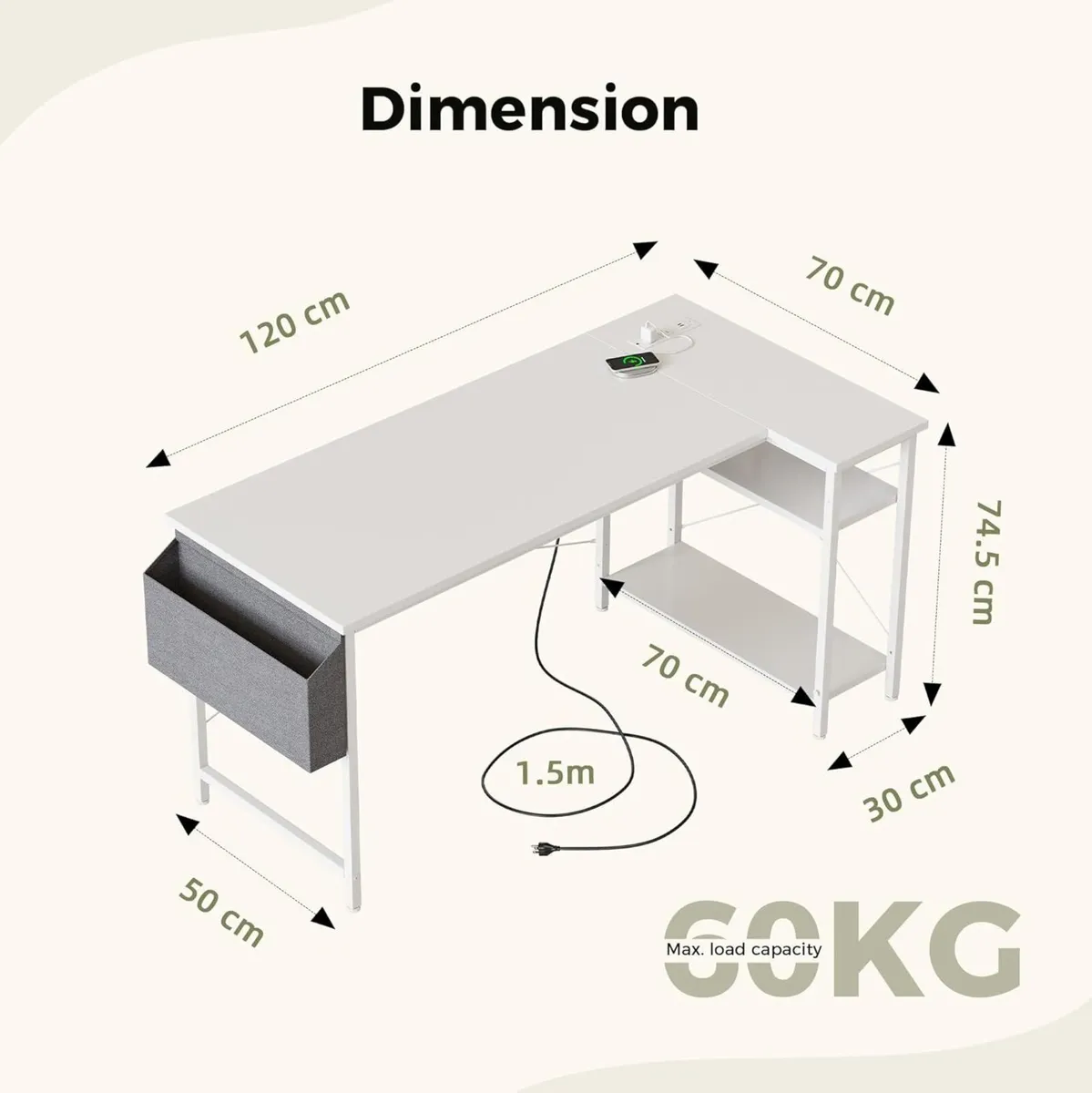Small L Shaped Desk with Power Outlets 120x70 cm - Image 2