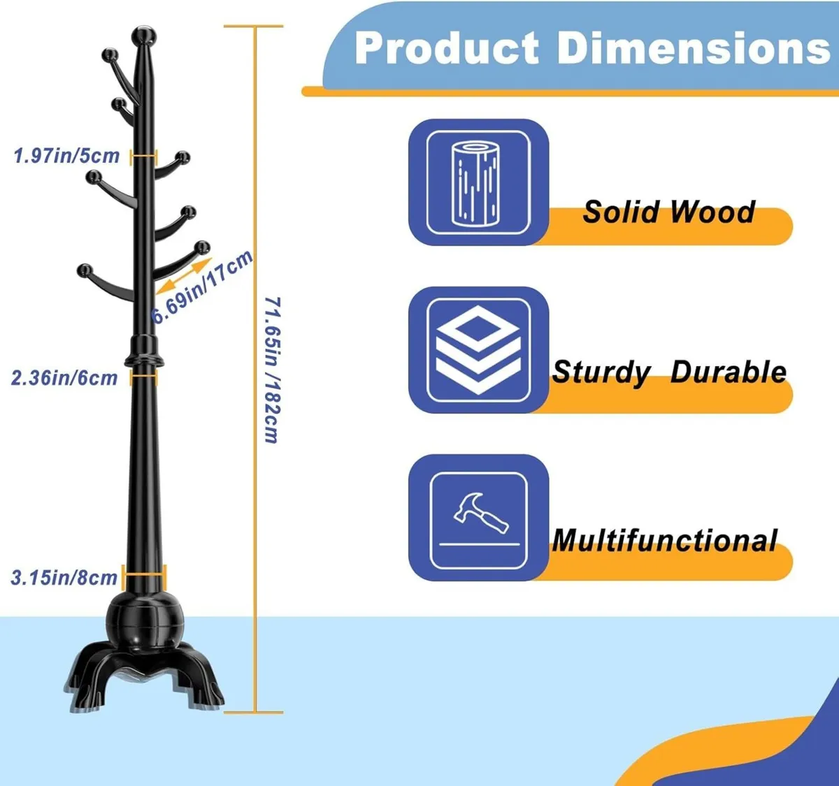 Free Standing Coat Stand with Sturdy Base Wood - Image 2