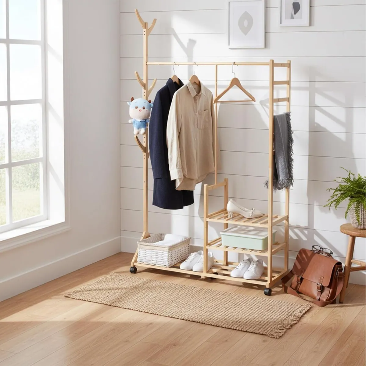 Bamboo Coat Rack with 4 Shelves 6 Hooks Wheels - Image 2