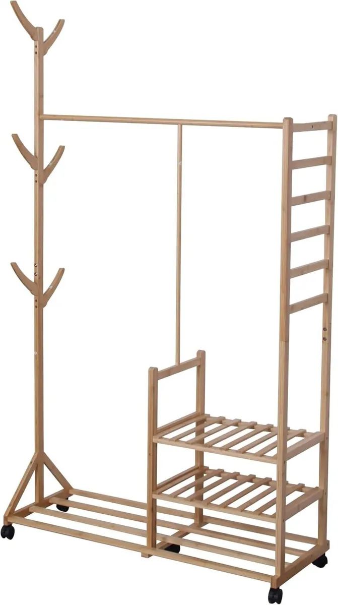 Bamboo Coat Rack with 4 Shelves 6 Hooks Wheels - Image 1