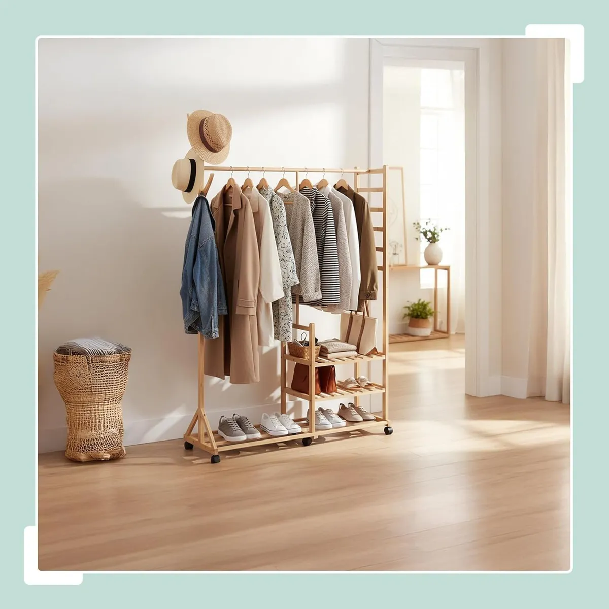 Bamboo Coat Rack with 4 Shelves 6 Hooks Wheels - Image 4