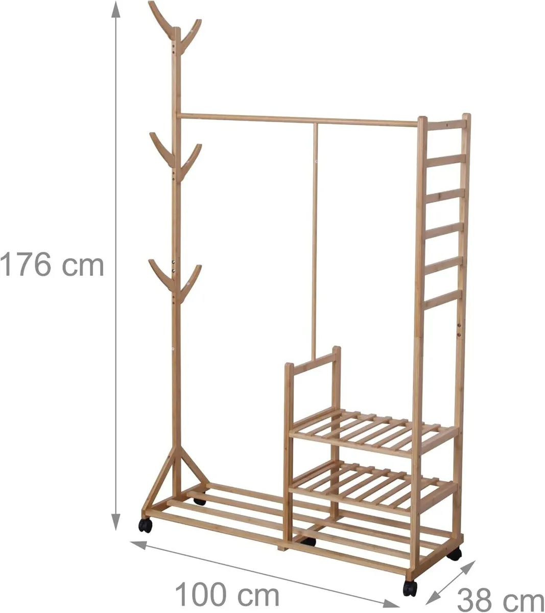 Bamboo Coat Rack with 4 Shelves 6 Hooks Wheels - Image 3