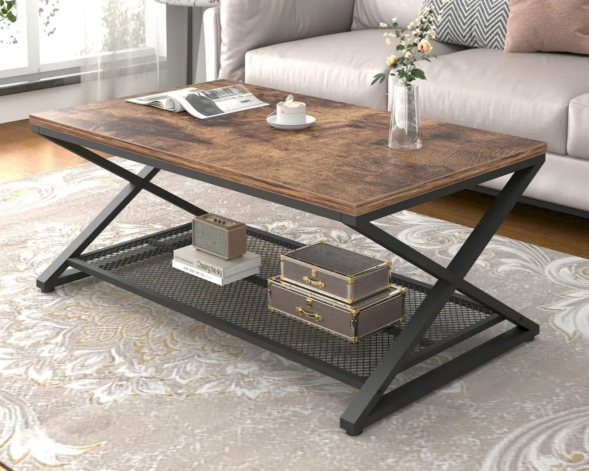 Rustic Brown 2 Tier Coffee Table Industrial Wood - Image 1