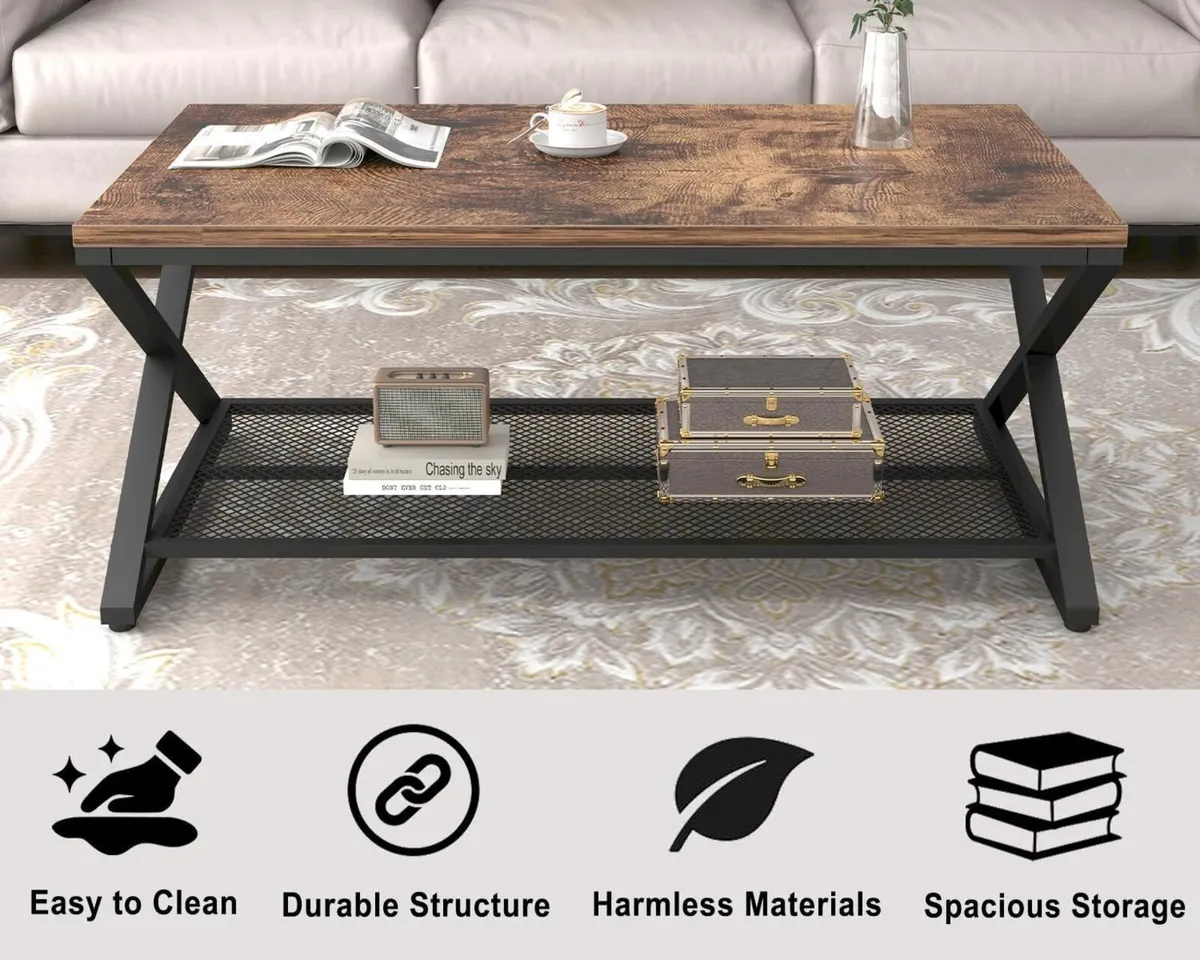 Rustic Brown 2 Tier Coffee Table Industrial Wood - Image 3