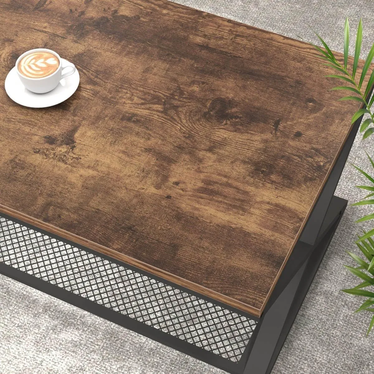 Rustic Brown 2 Tier Coffee Table Industrial Wood - Image 4