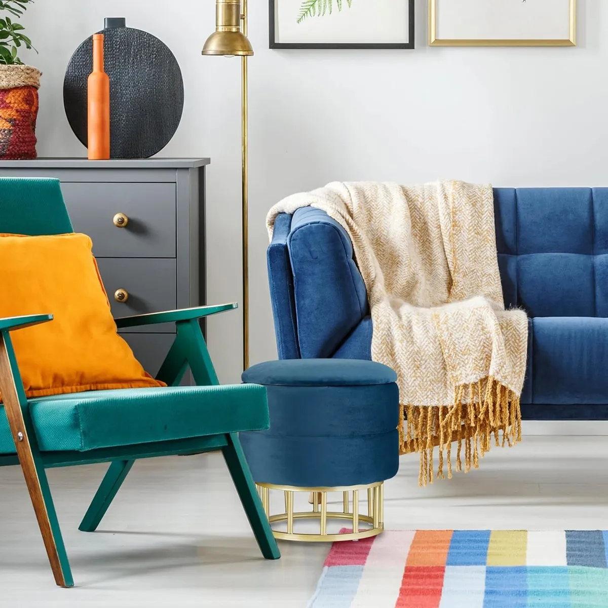 Velvet Storage Stool Round Upholstered Seat - Image 2