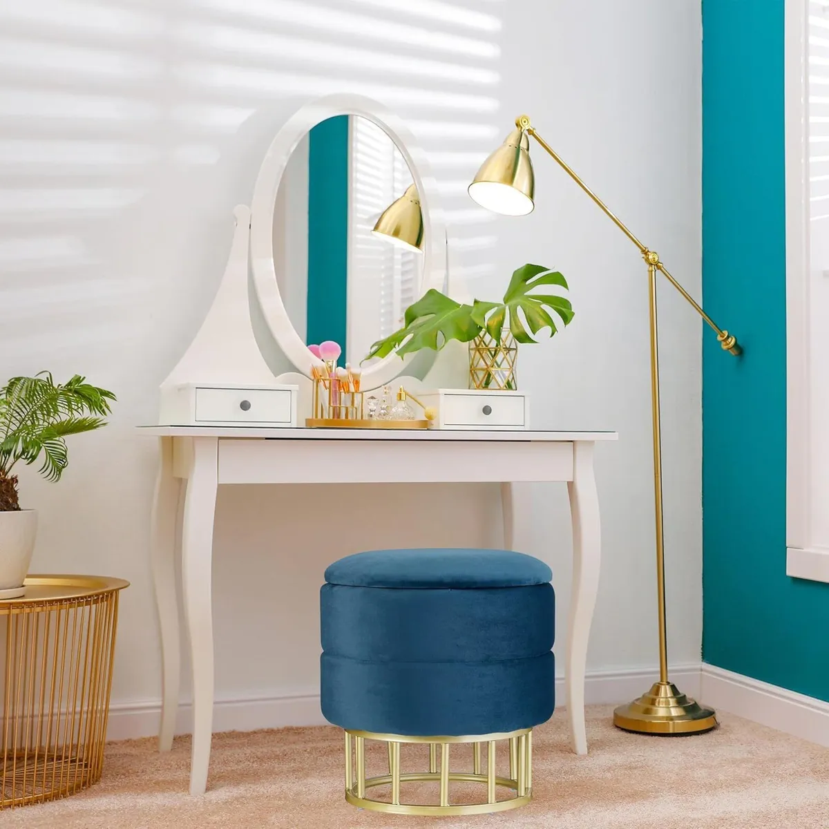 Velvet Storage Stool Round Upholstered Seat - Image 4