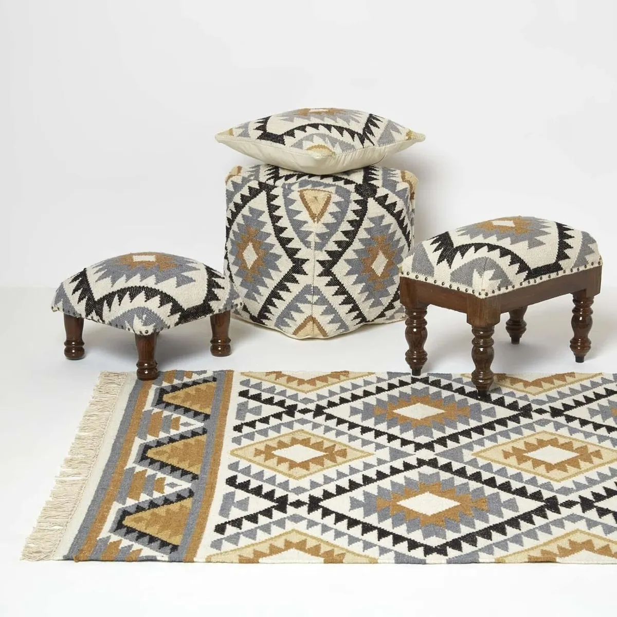 Agra Kilim Footstool Traditional Handmade Black - Image 2