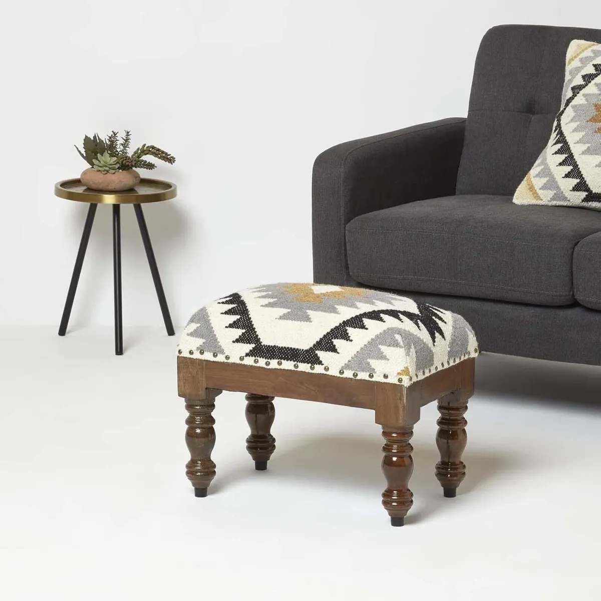 Agra Kilim Footstool Traditional Handmade Black - Image 3