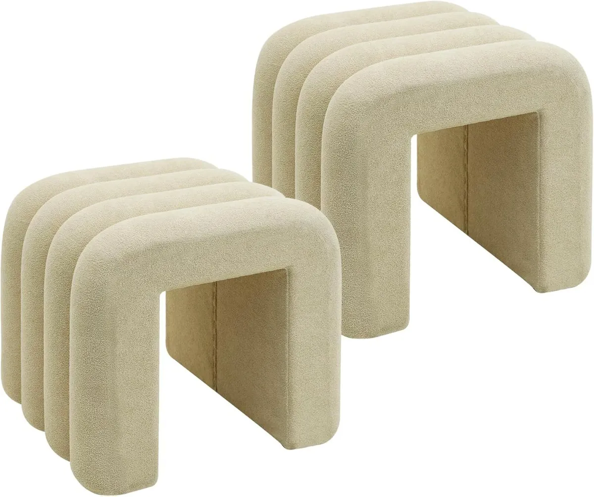 Set 2 Modern Poufs Low Footrests Beige Polyester - Image 1