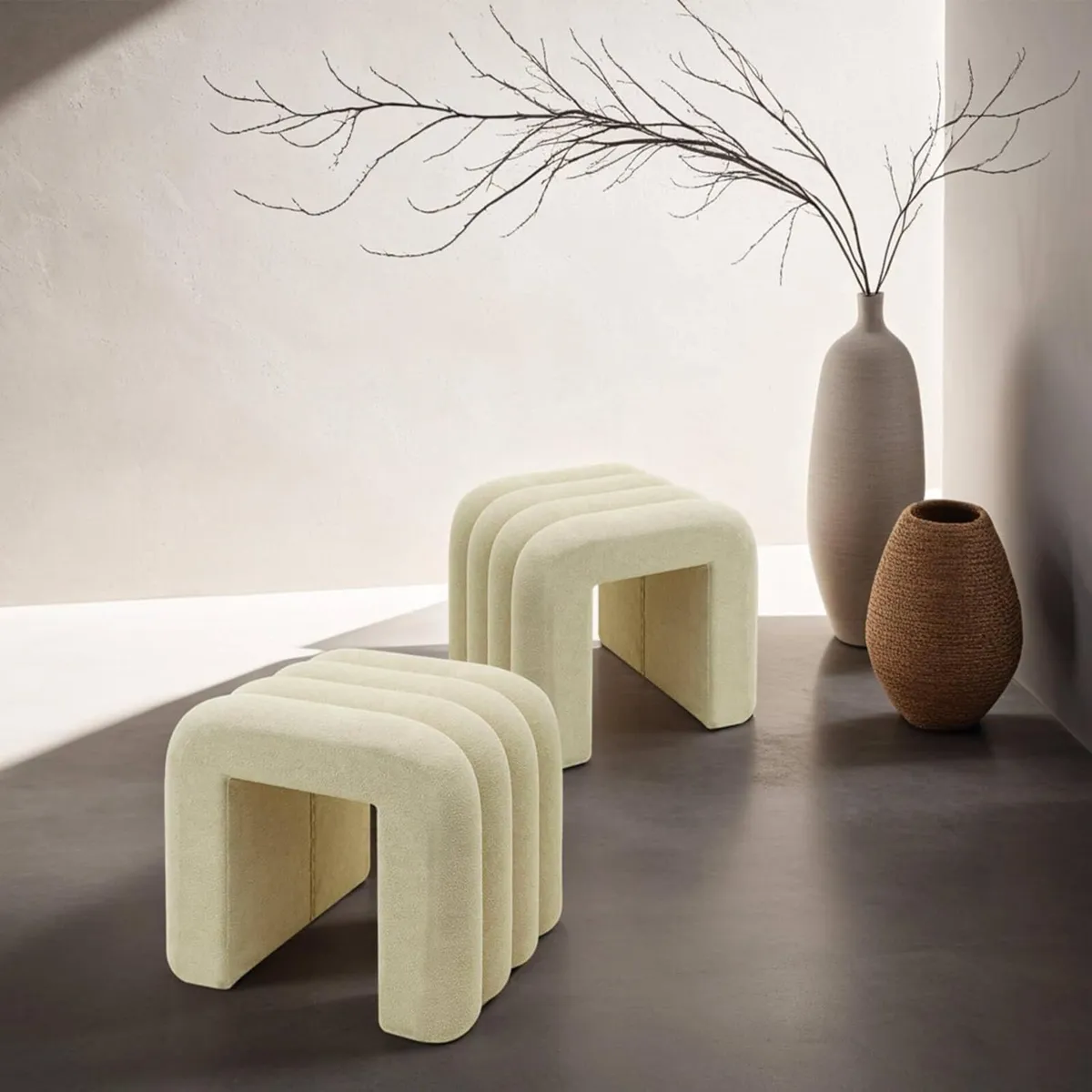 Set 2 Modern Poufs Low Footrests Beige Polyester - Image 3