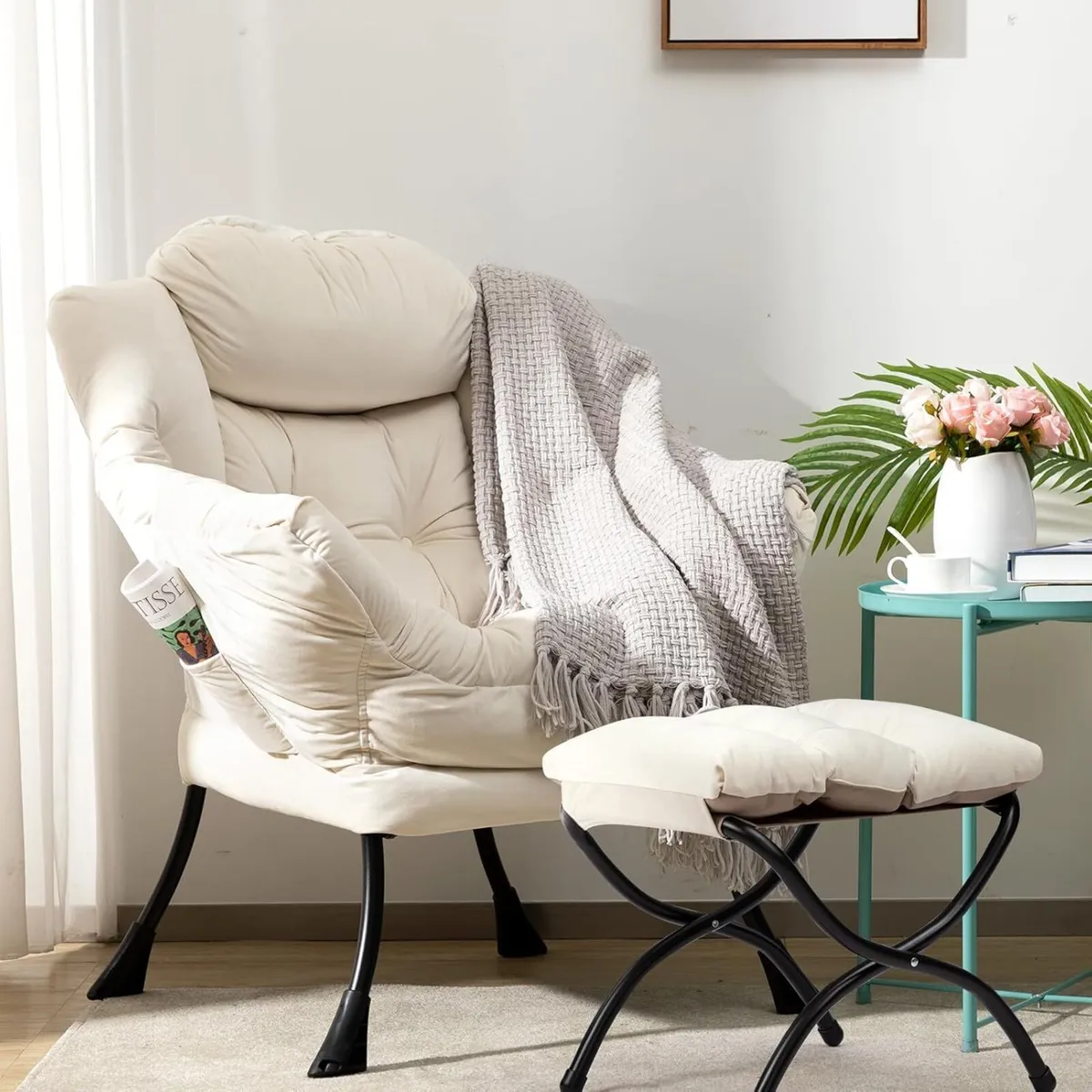 Armchair with Footstool Living Room Velvet - Image 4