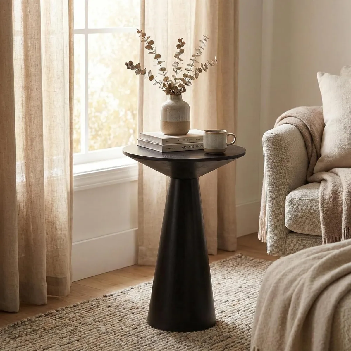 Round Solid Wood Side Table Tapered Mushroom Base - Image 3