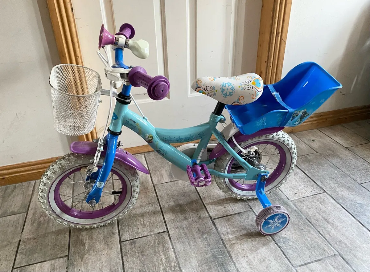 Kids Frozen Bike 12” with Basket and Doll Carrier - Image 1