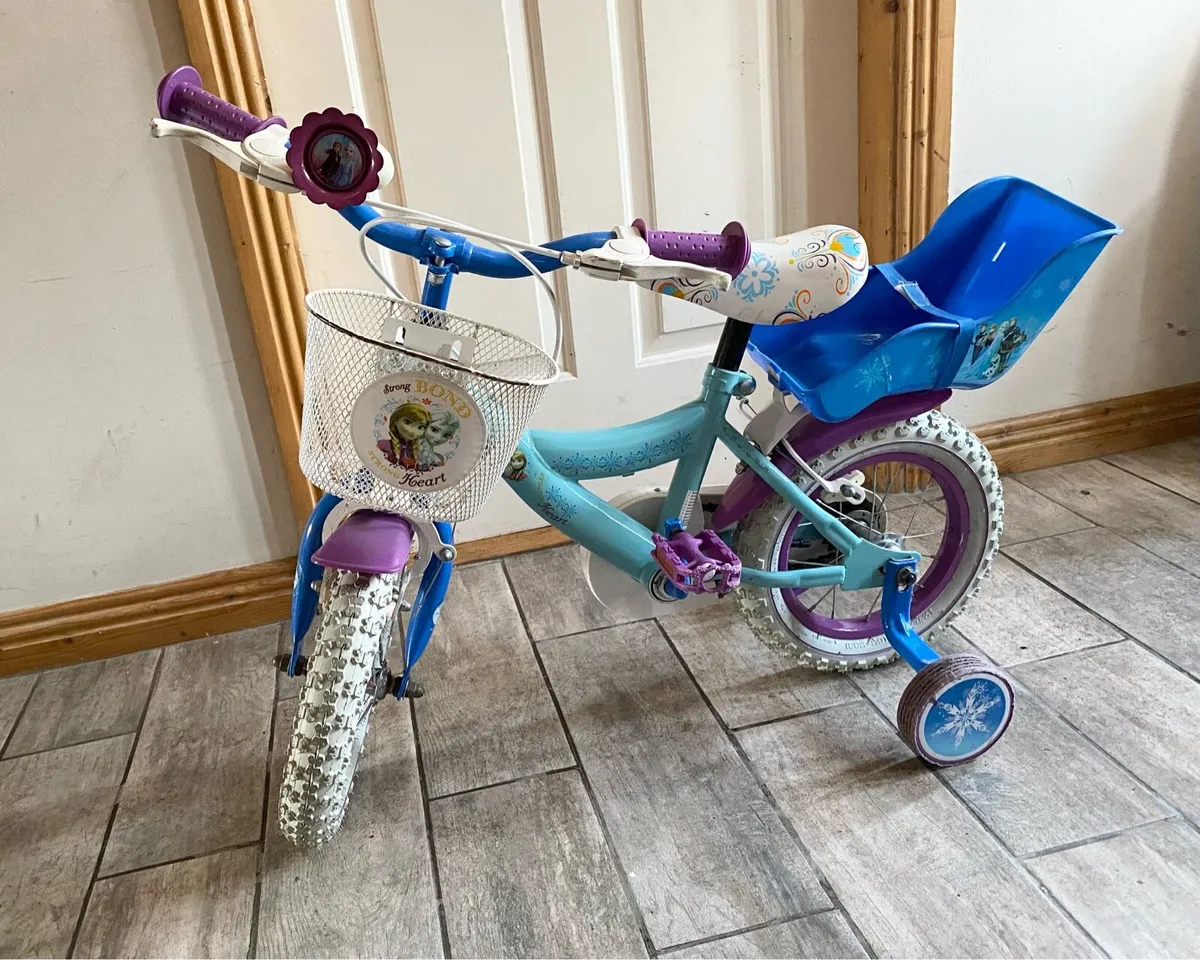 Kids Frozen Bike 12” with Basket and Doll Carrier - Image 2