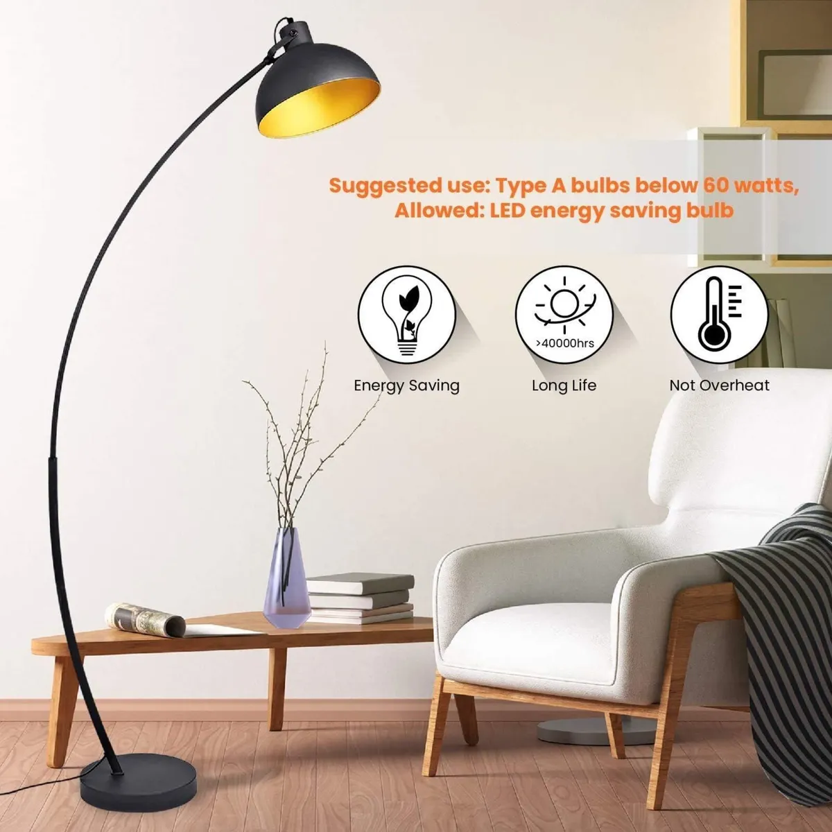 Floor lamp Vintage Arc Retro Lamps in Black-Golden - Image 2