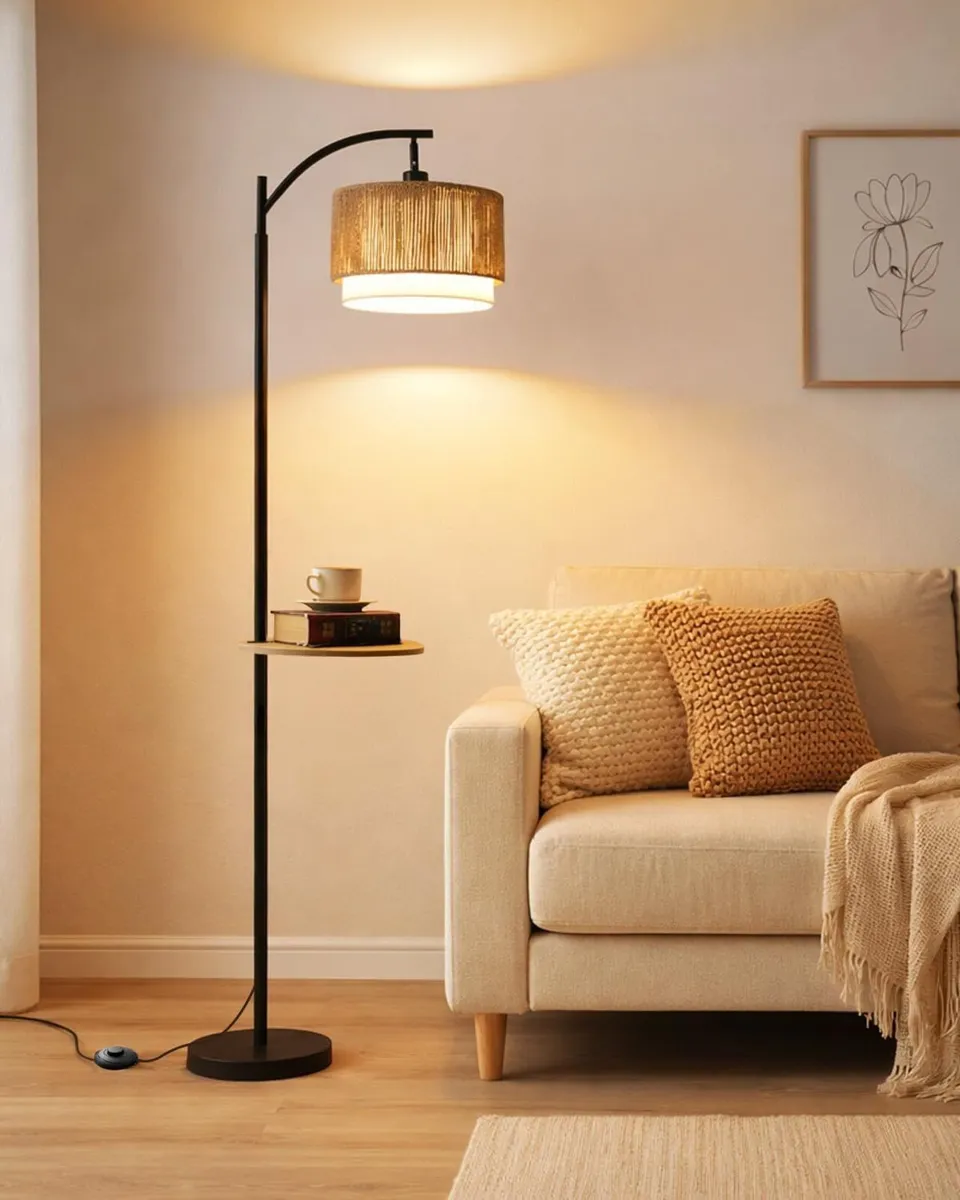 Rattan Floor Lamp for Living Room Standing with - Image 1