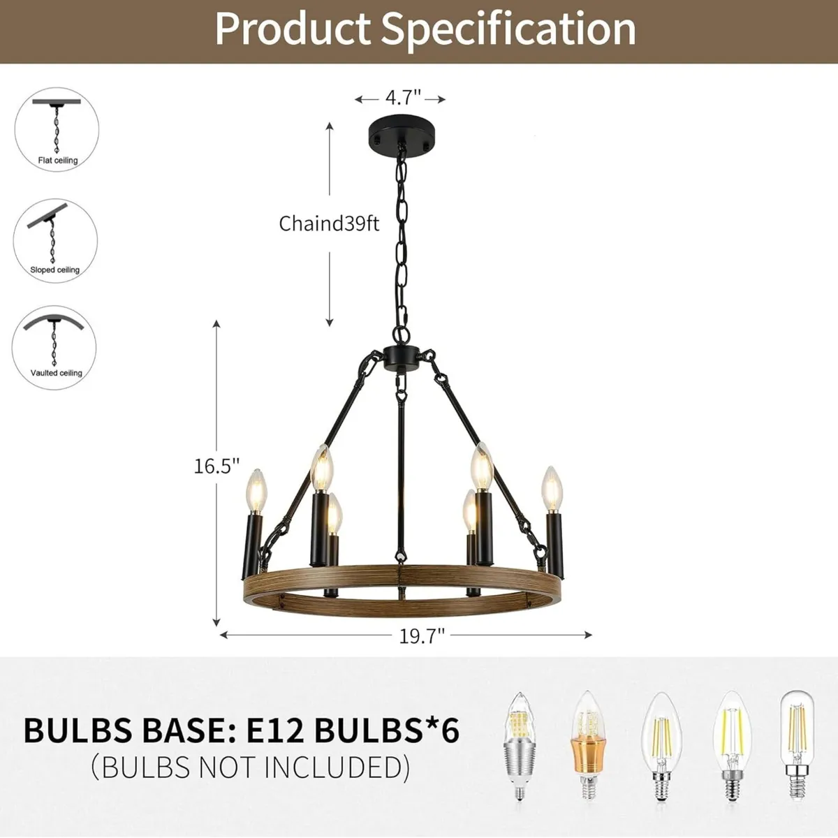 Black Farmhouse Chandeliers 6 Lights Wagon Wheel - Image 3