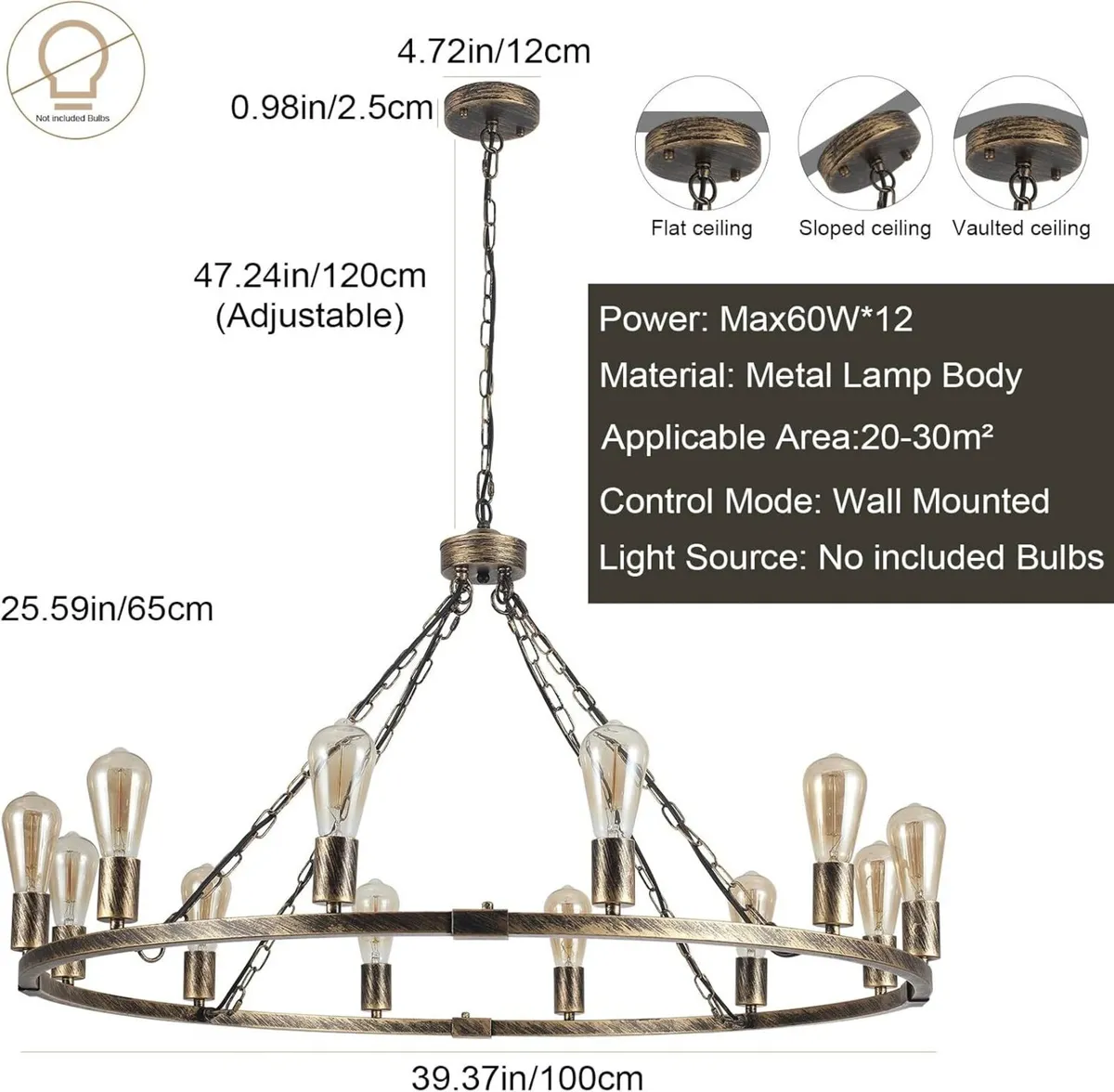 Wagon Wheel Chandelier 12 Lights Vintage Chandelie - Image 3