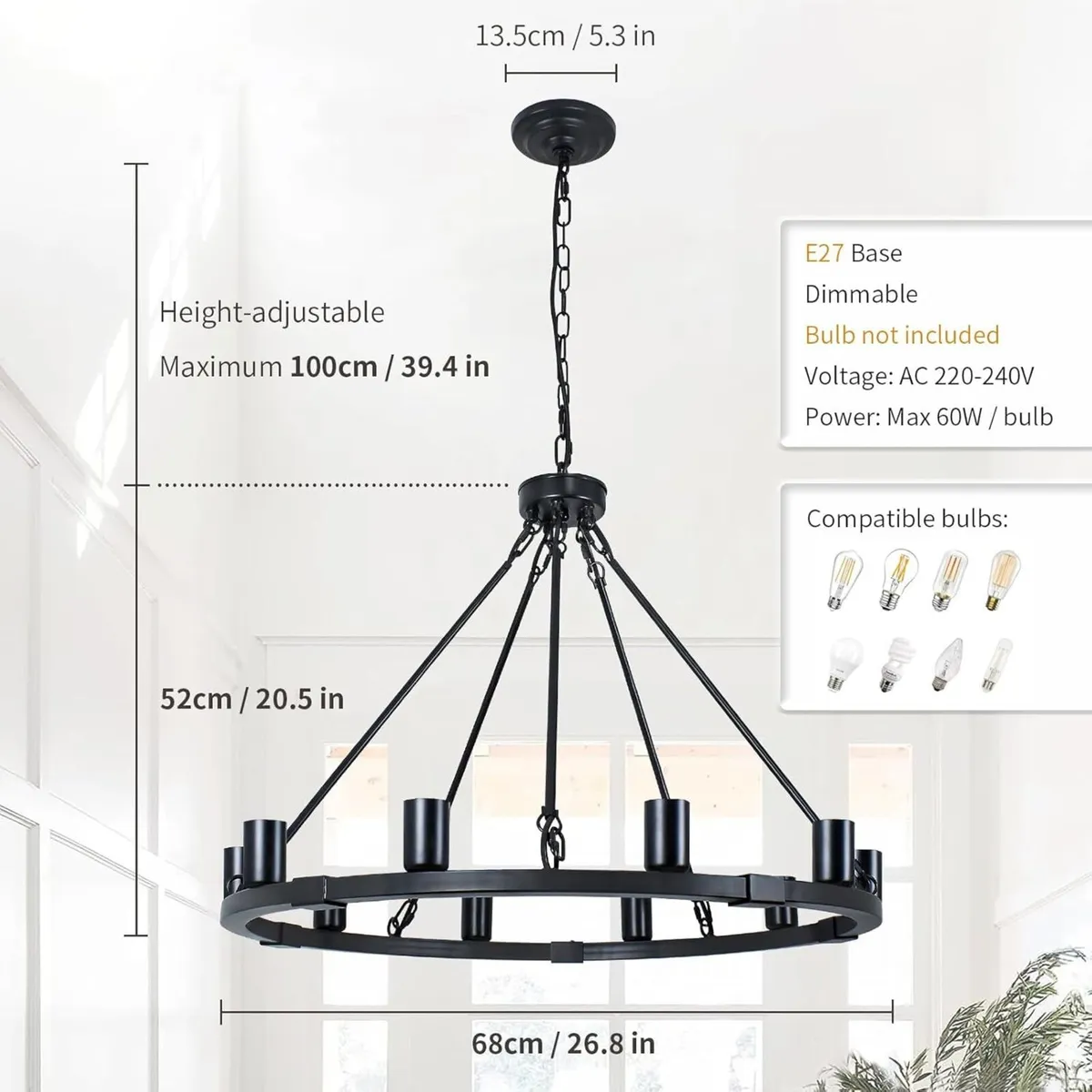 10 Lights Wagon Wheel Chandelier Black Round - Image 4