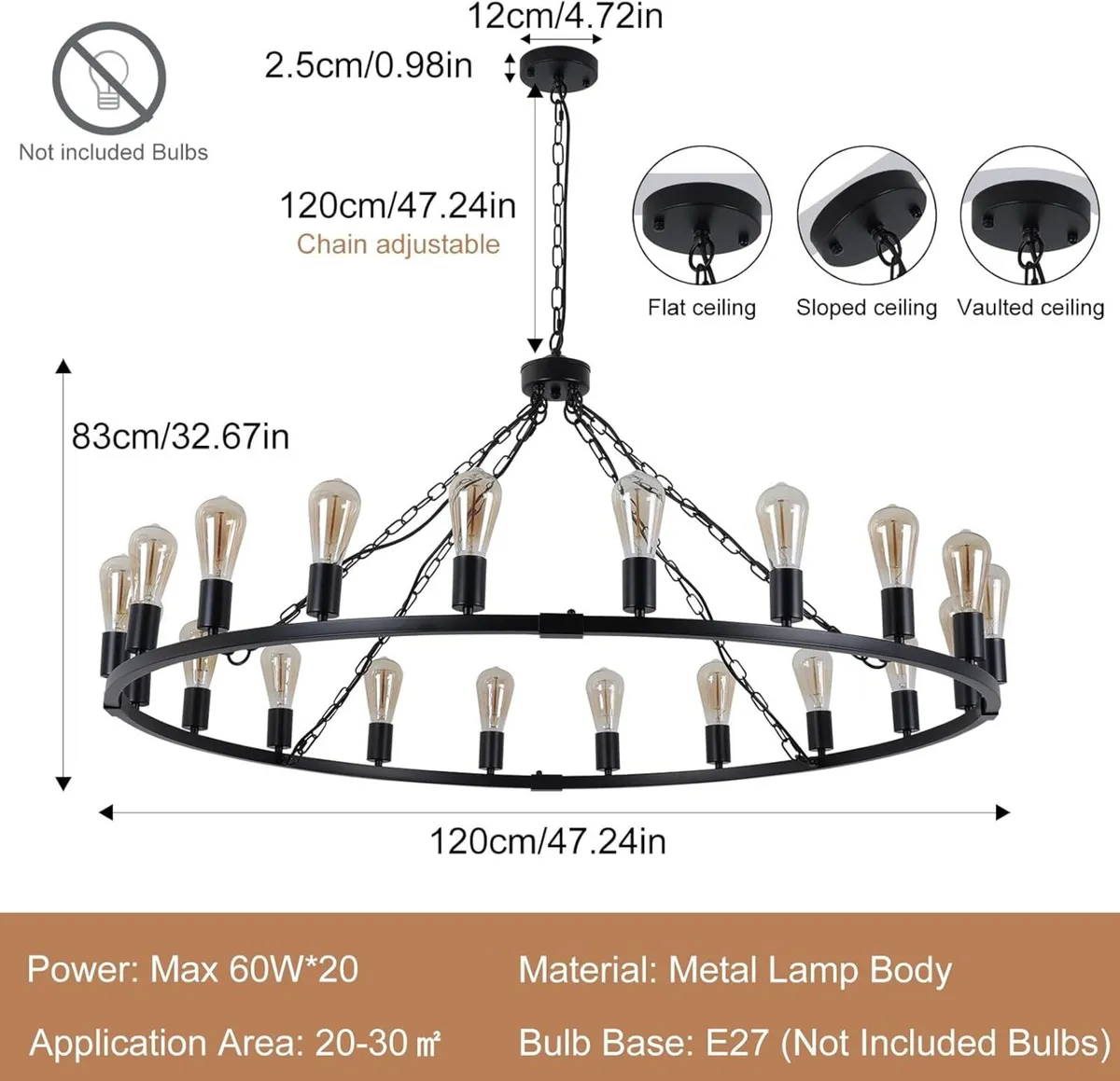 Wagon Wheel Chandelier 120cm Metal Round Chandelie - Image 3