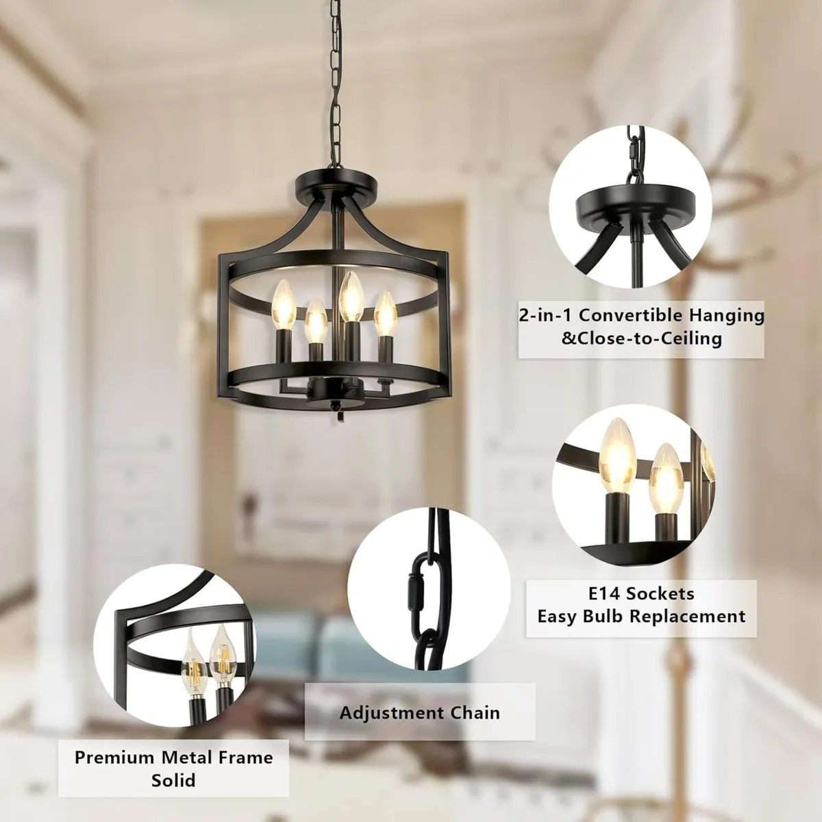 Modern Black Chandelier 4-Light Farmhouse Rustic - Image 3
