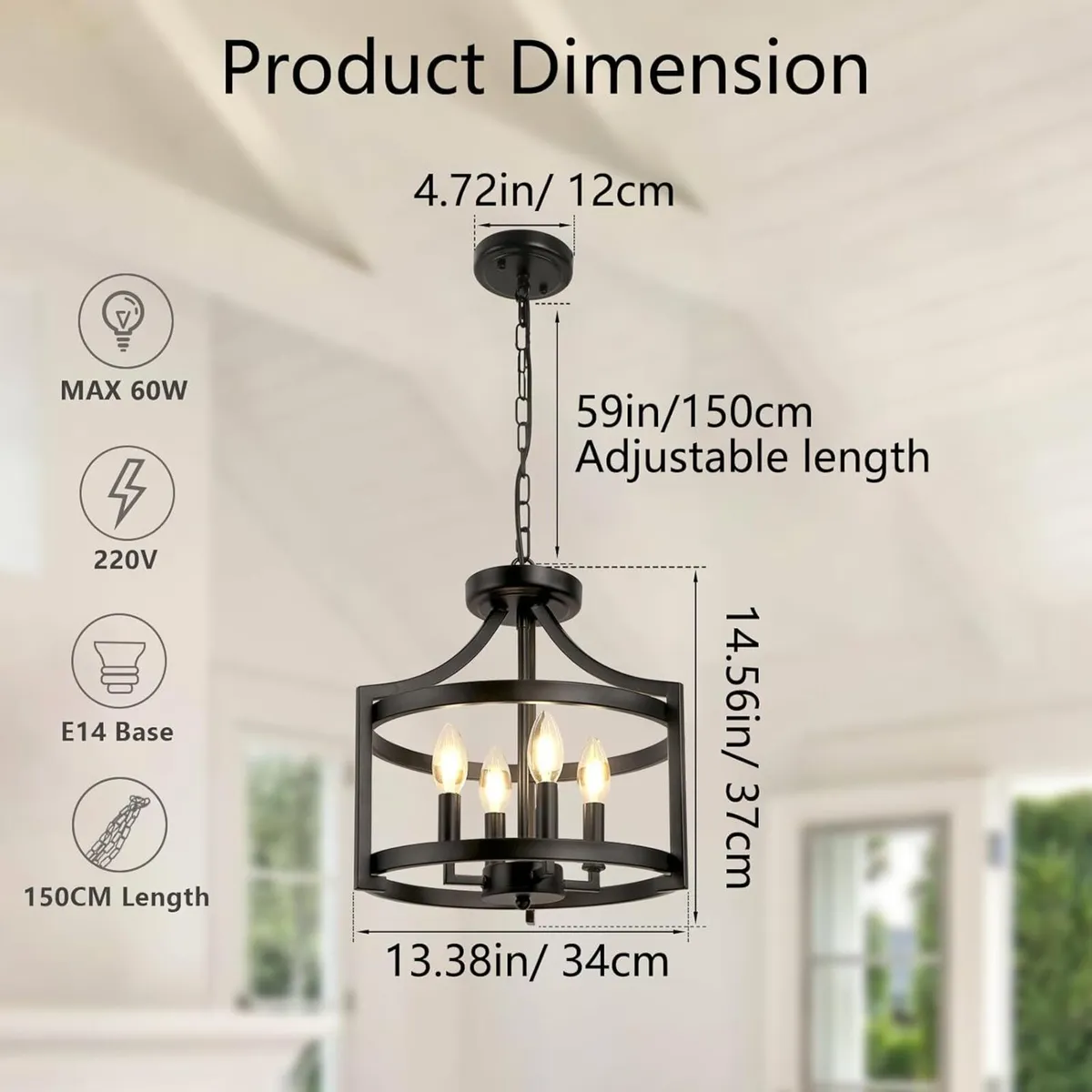 Modern Black Chandelier 4-Light Farmhouse Rustic - Image 4