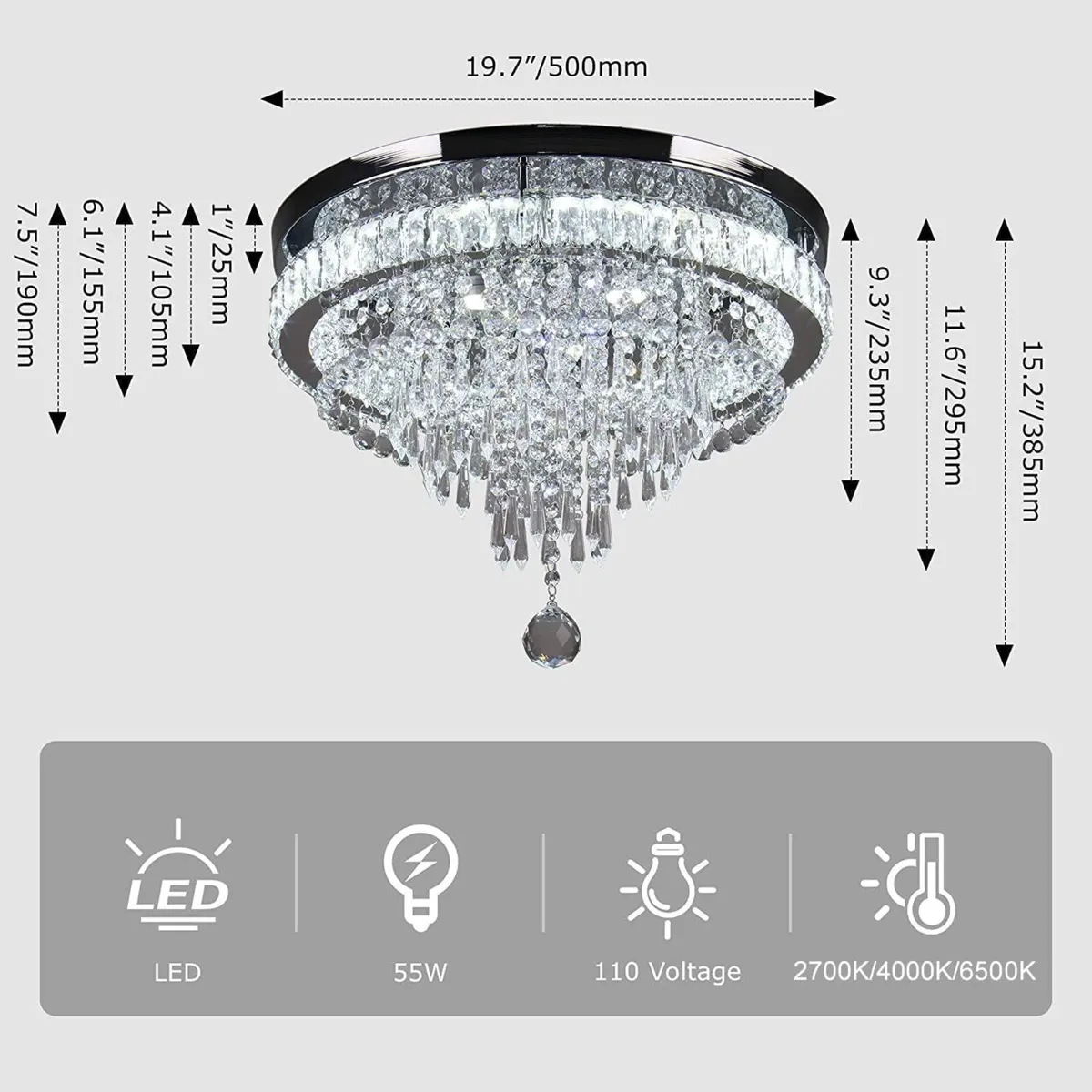 50cm Crystal Ceiling Light Dimmable LED Flush - Image 3