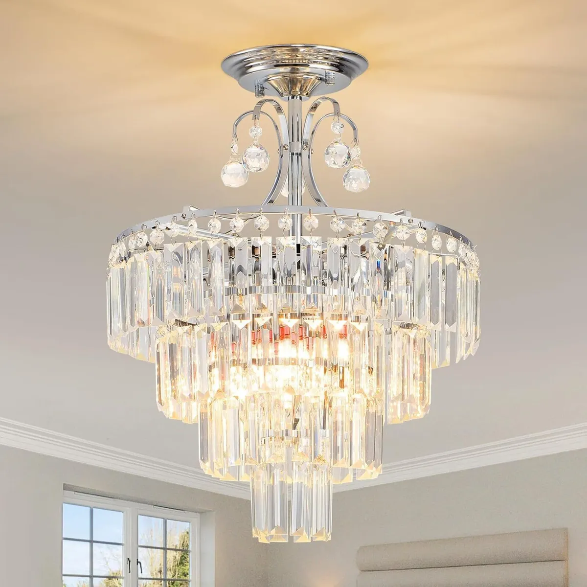 Crystal Silver Chandelier Antique Modern Semi - Image 1