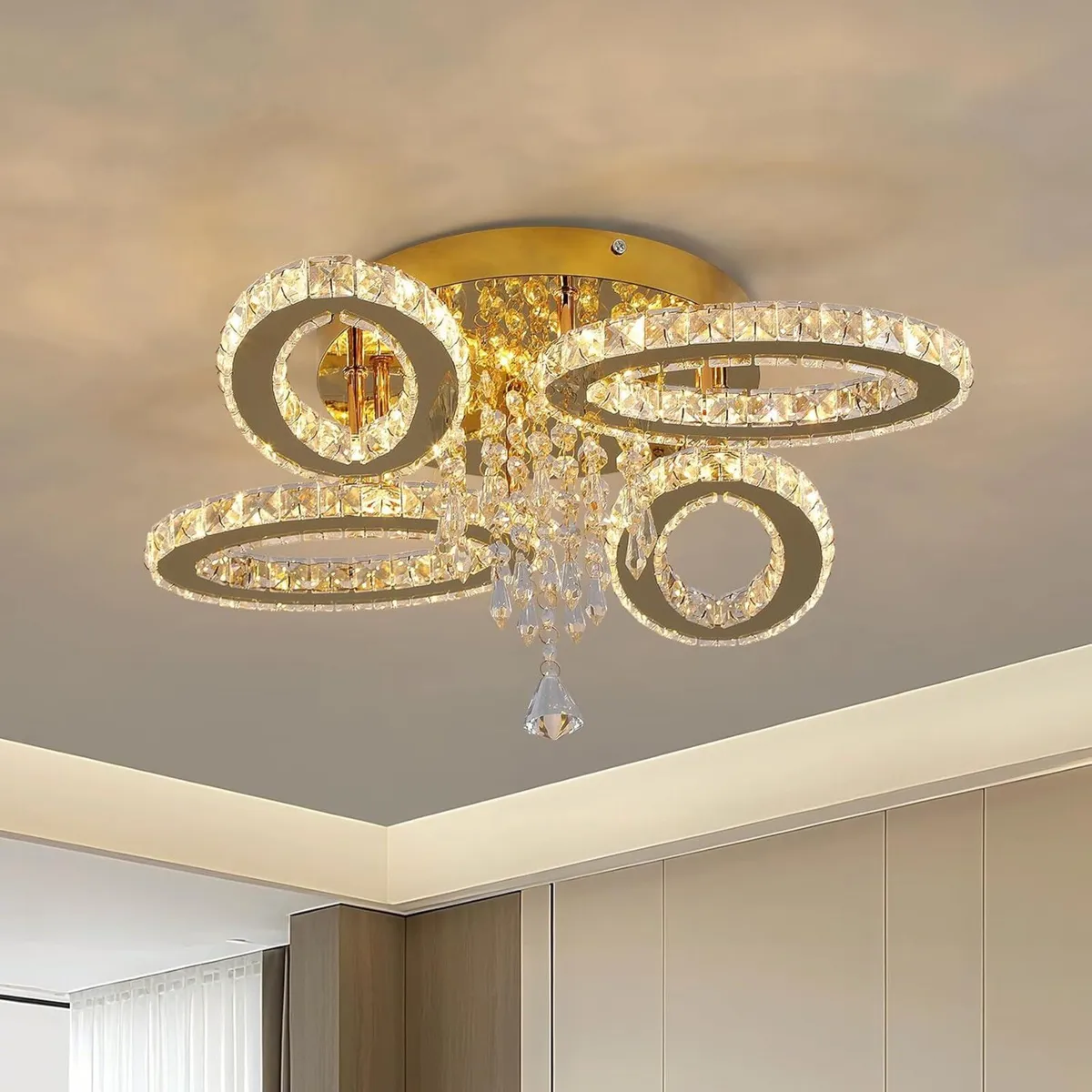 Modern Crystal Chandelier LED 4-Oval Gold Flush - Image 1