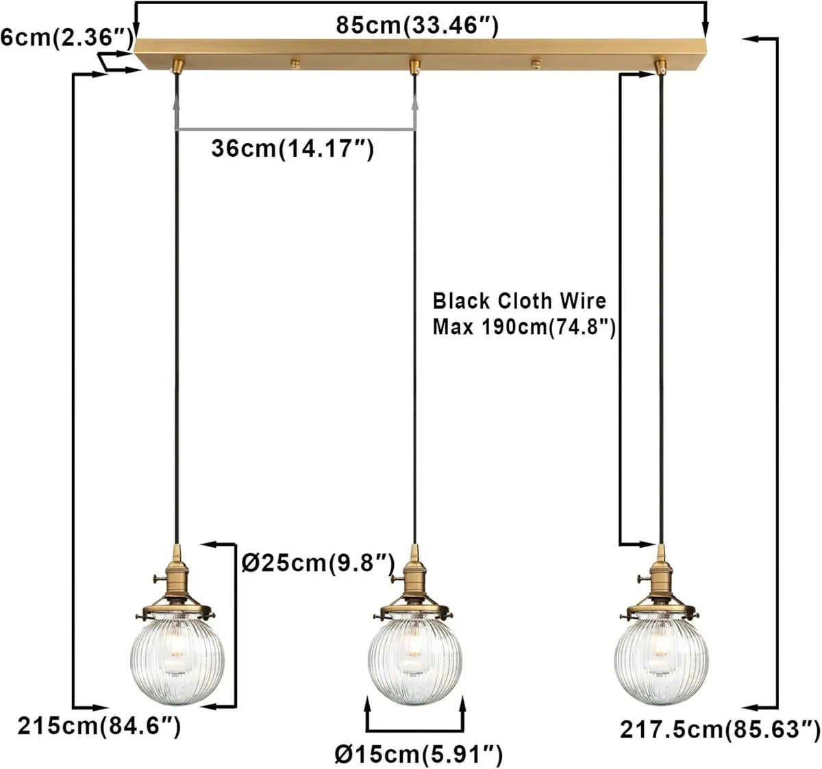 Industrial Glass 3 Pendant Lights Heads Hanging - Image 2