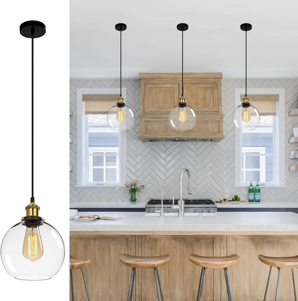 3PCS Vintage Glass Pendant Light Industrial - Image 1
