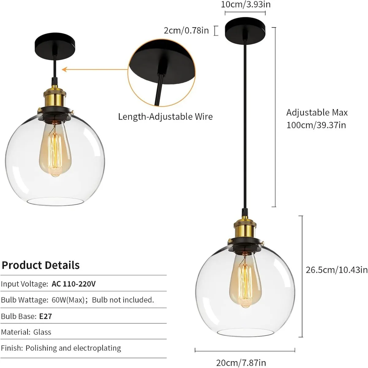 3PCS Vintage Glass Pendant Light Industrial - Image 3