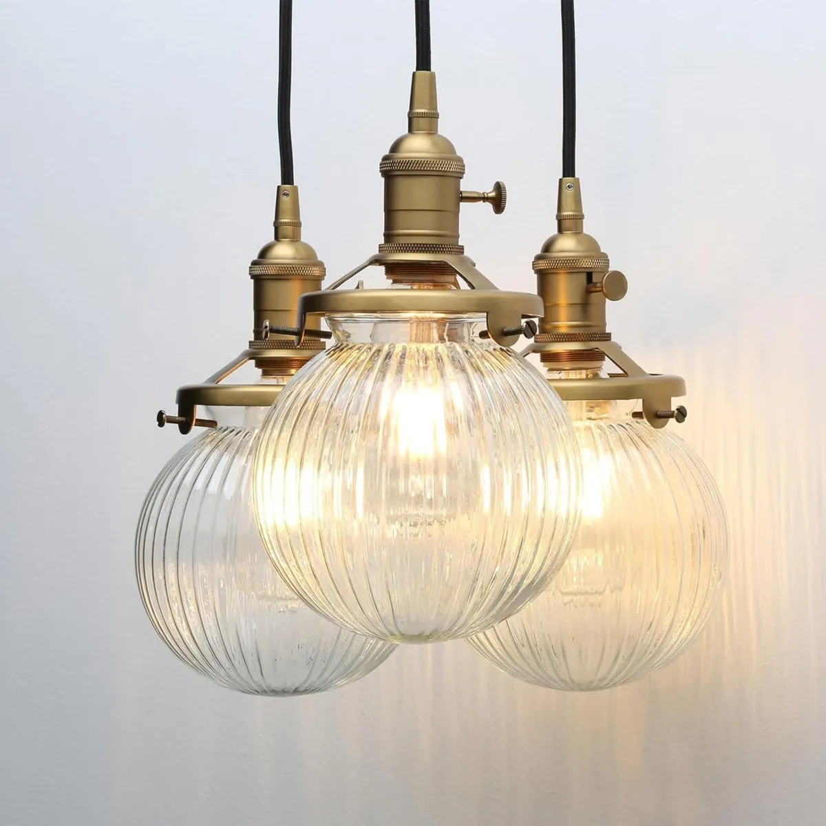 Vintage Ribbed Glass 3 Ceiling Pendant Light with - Image 1