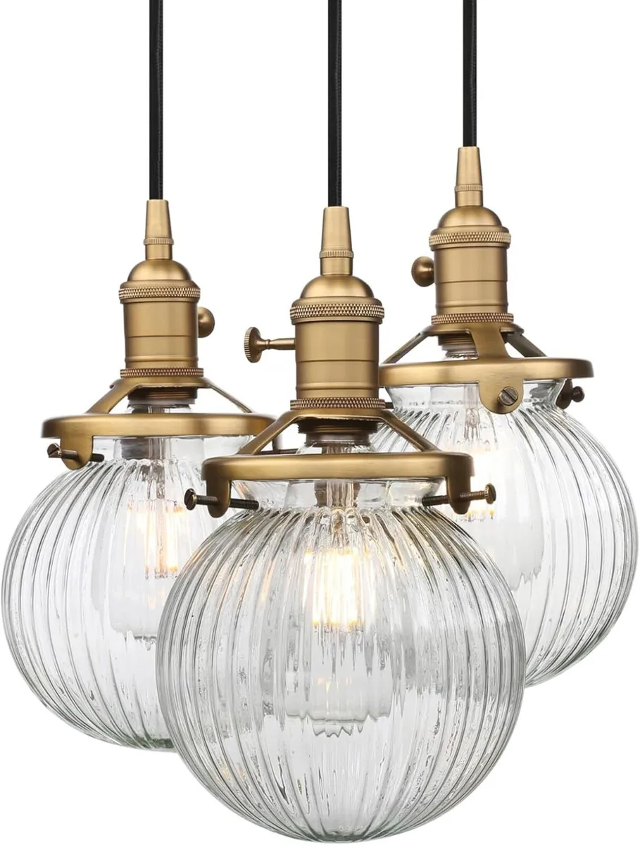 Vintage Ribbed Glass 3 Ceiling Pendant Light with - Image 2