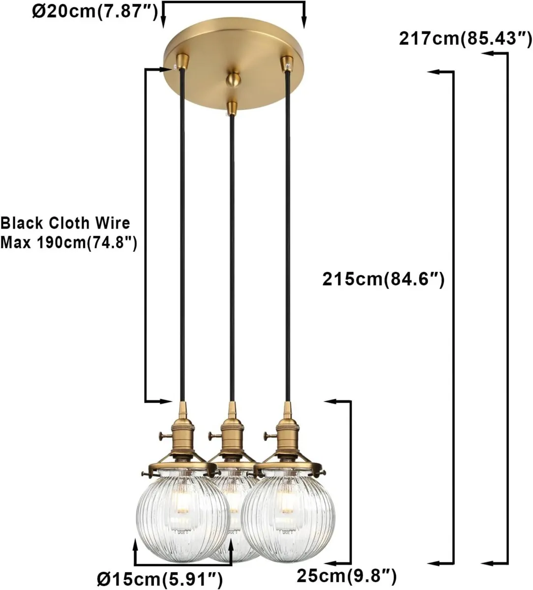 Vintage Ribbed Glass 3 Ceiling Pendant Light with - Image 3