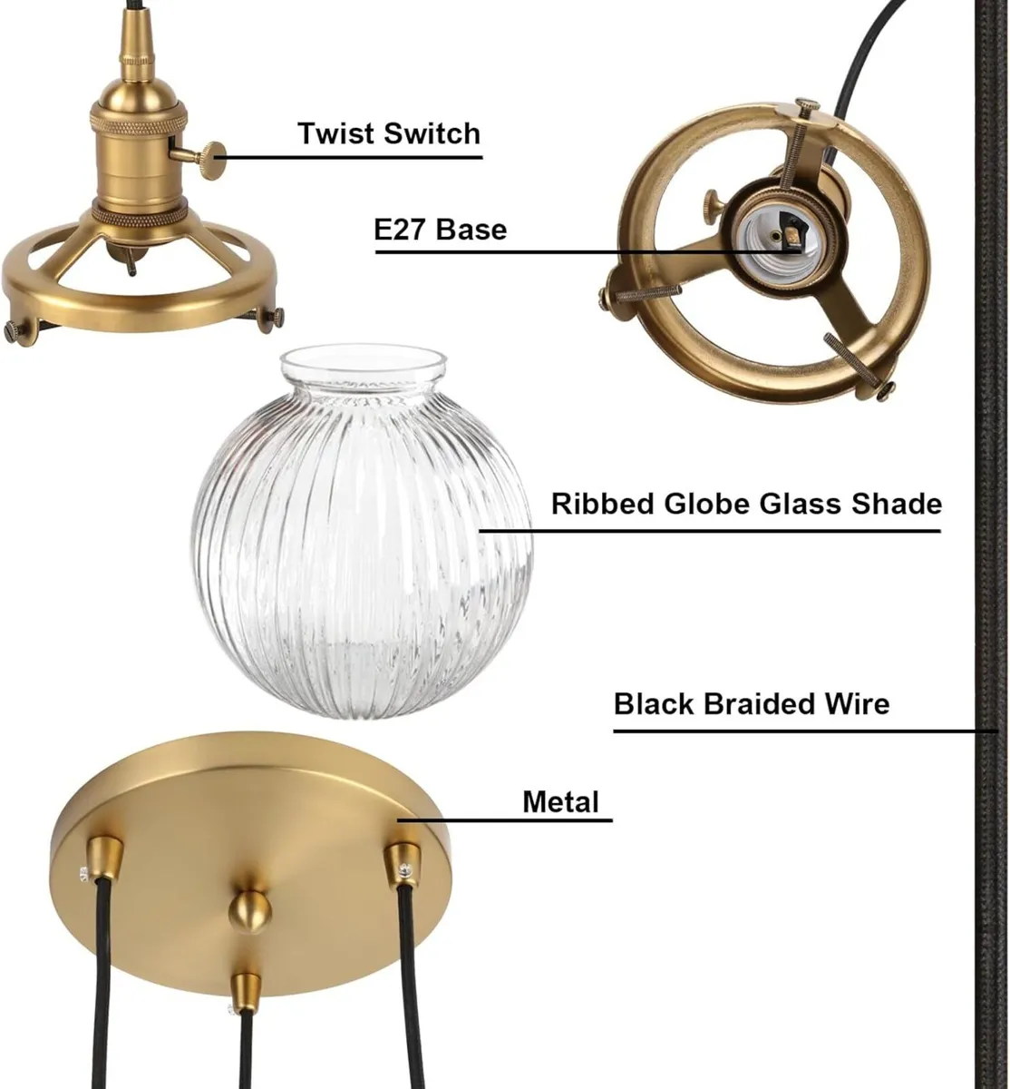 Vintage Ribbed Glass 3 Ceiling Pendant Light with - Image 4