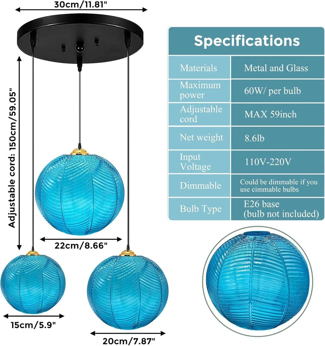 3 in 1 Large Glass Pendant Light Fixtures Blue - Image 2