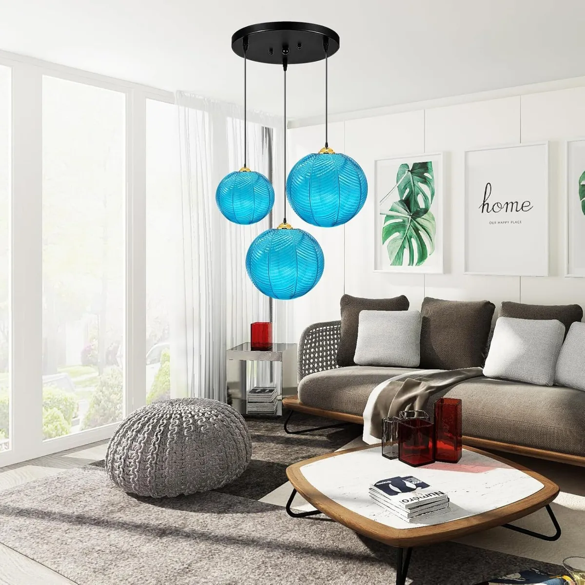 3 in 1 Large Glass Pendant Light Fixtures Blue - Image 3