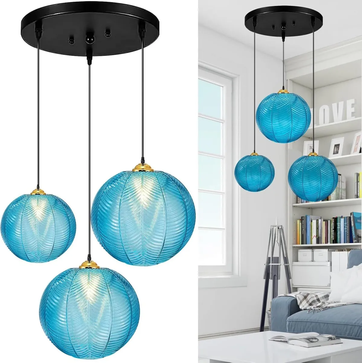 3 in 1 Large Glass Pendant Light Fixtures Blue - Image 1