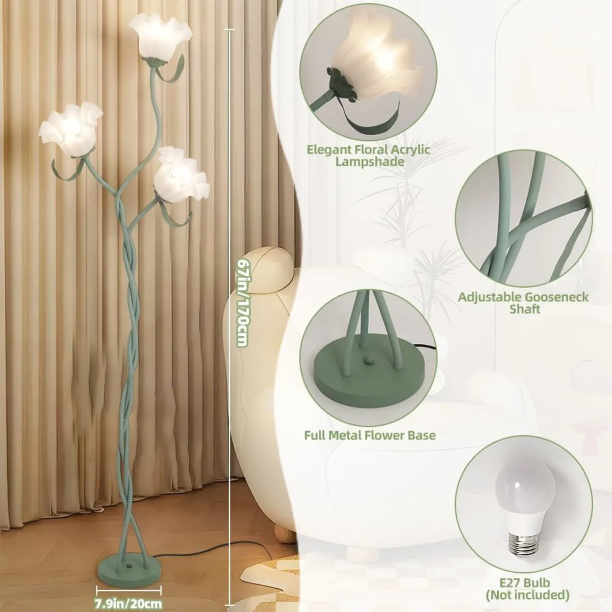 Green Flower Floor Lamp for Living Room 3 Light - Image 3