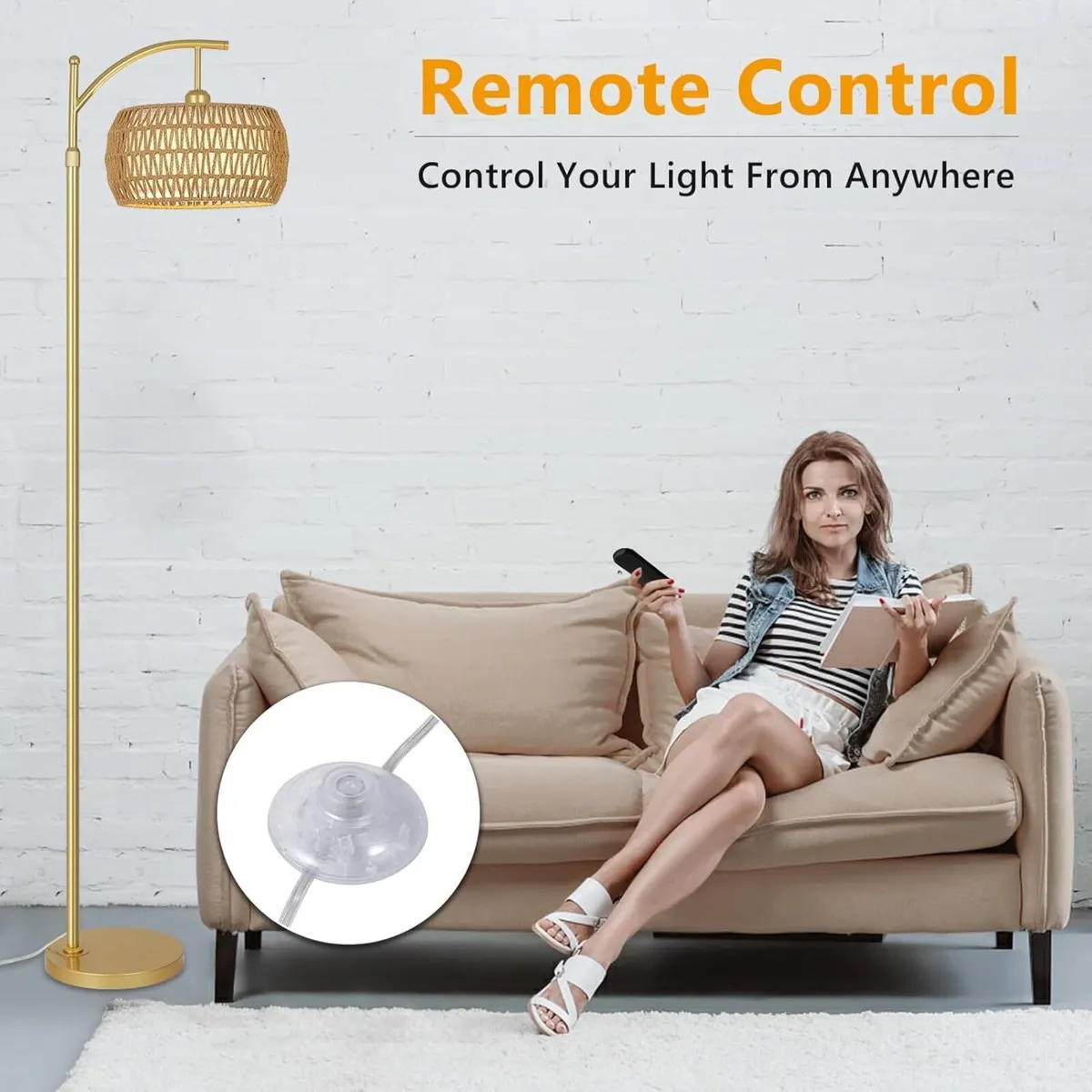 Rattan Floor Lamp with Remote Control Gold - Image 4