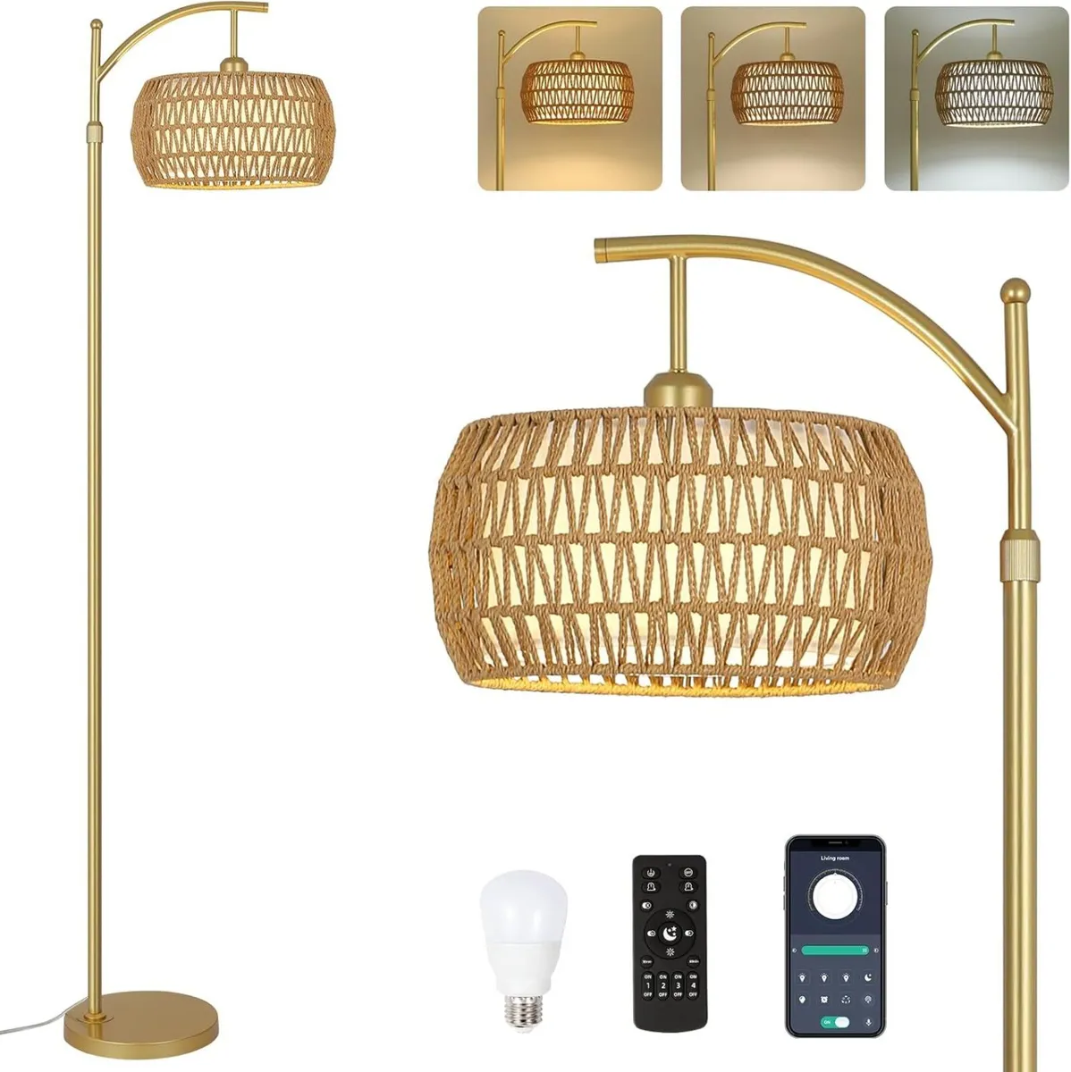 Rattan Floor Lamp with Remote Control Gold - Image 1