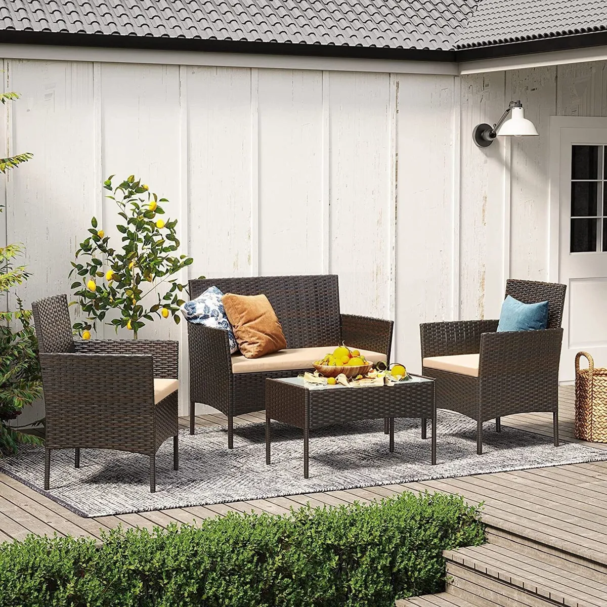 4pc Rattan Garden Furniture Set Patio Cushions - Image 3