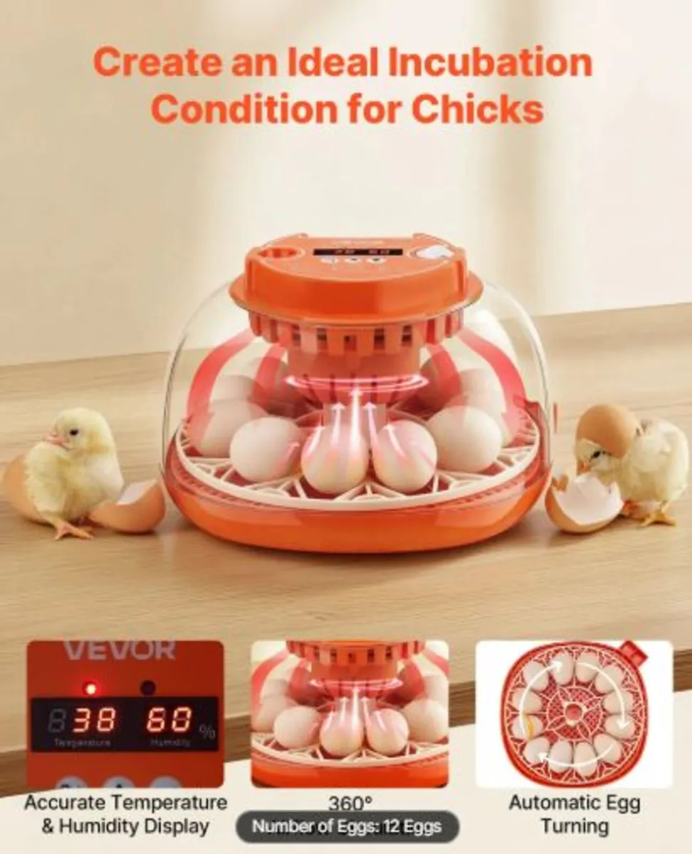 12 Egg Incubator, Automatic Egg Turner with LED - Image 2