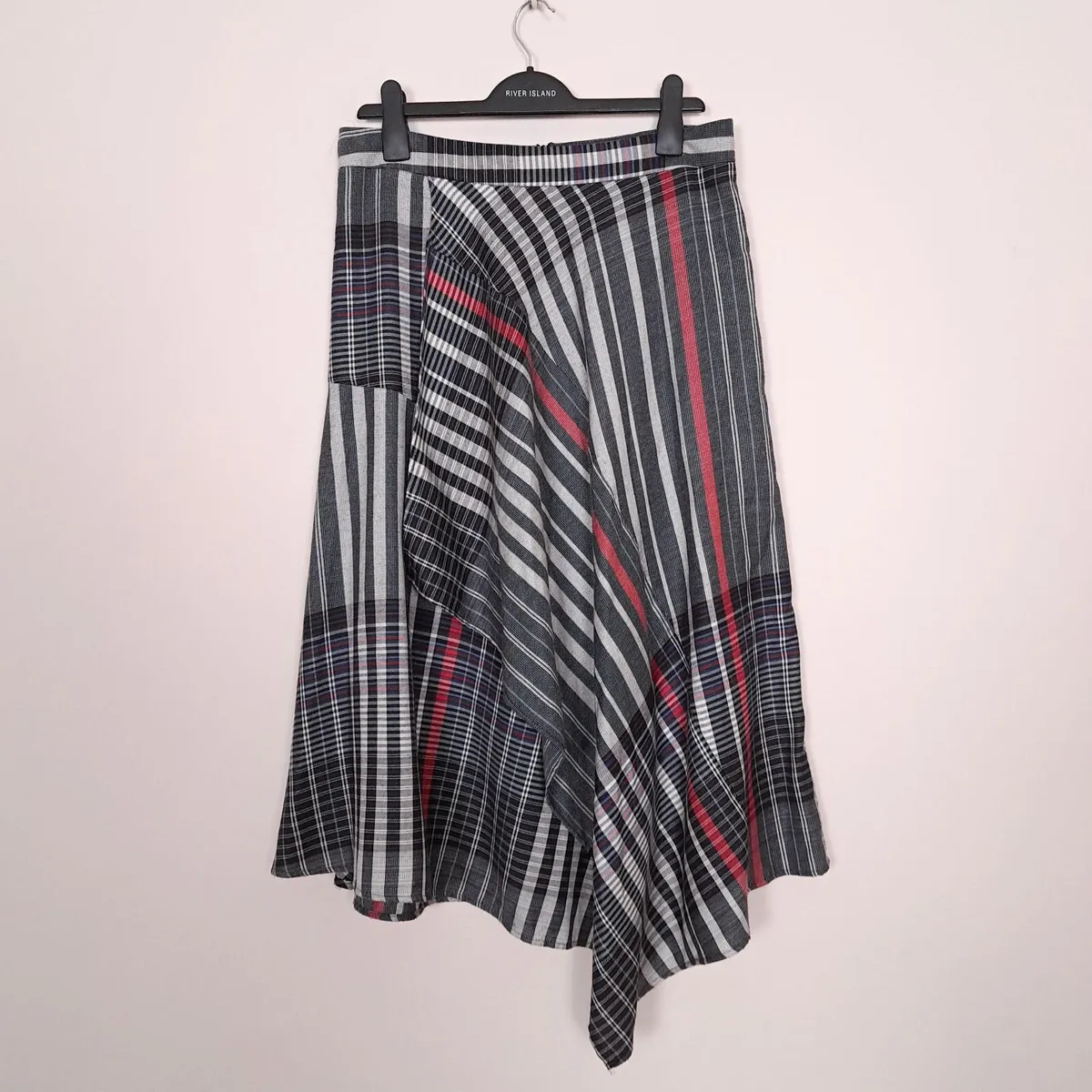M&S Navy Red Asymmetric Plaid Midi Skirt 14UK/42EU - Image 1