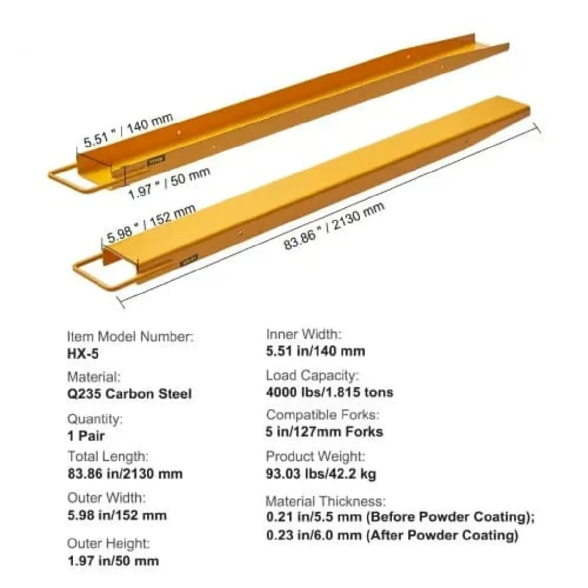 Pallet Fork Extensions, 84" Length 5.5" Width, Hea - Image 2